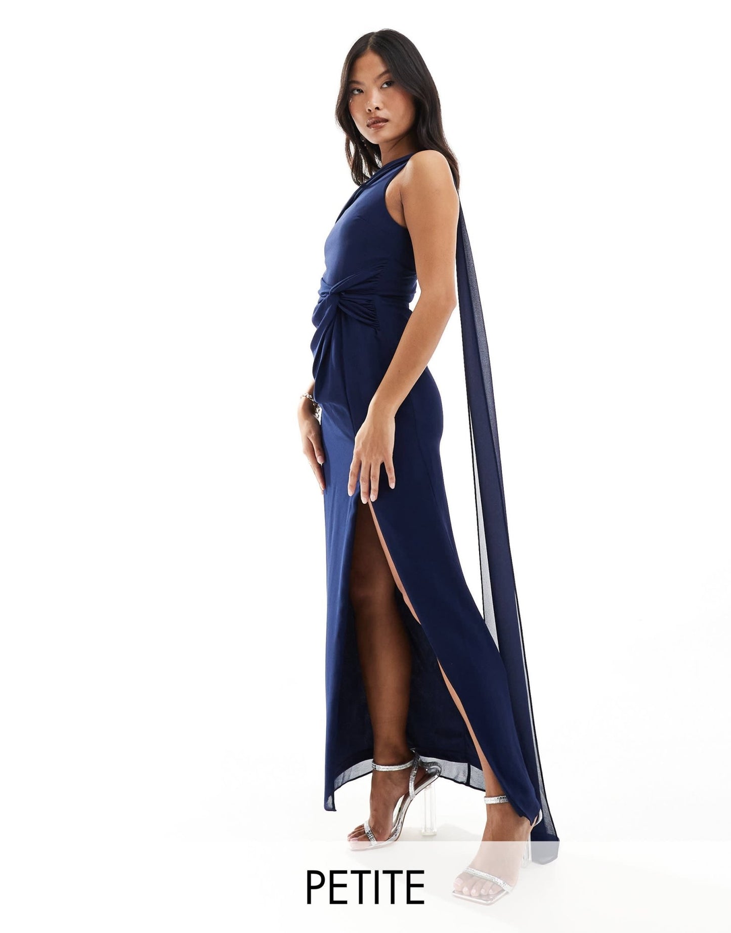 TFNC Petite Bridesmaid chiffon fallen shoulder maxi dress with drape detail in navy - ASOS Sample Sale
