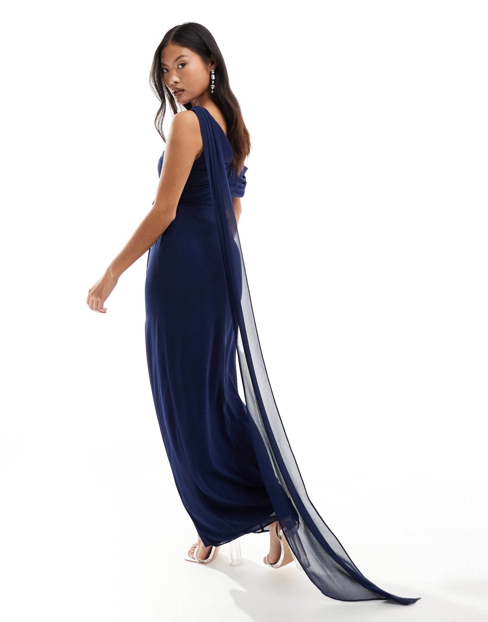 TFNC Petite Bridesmaid chiffon fallen shoulder maxi dress with drape detail in navy - ASOS Sample Sale