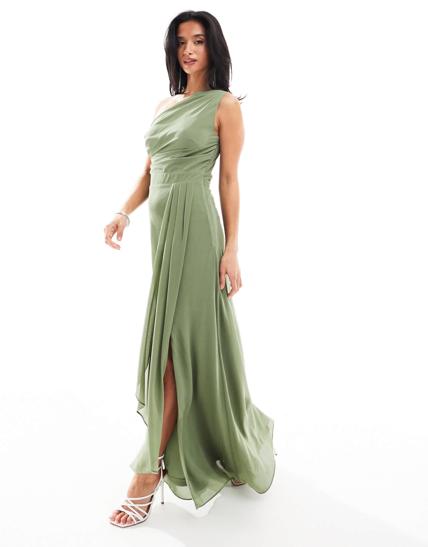 TFNC Petite Bridesmaid chiffon maxi dress with wrap skirt in dark green - ASOS Sample Sale