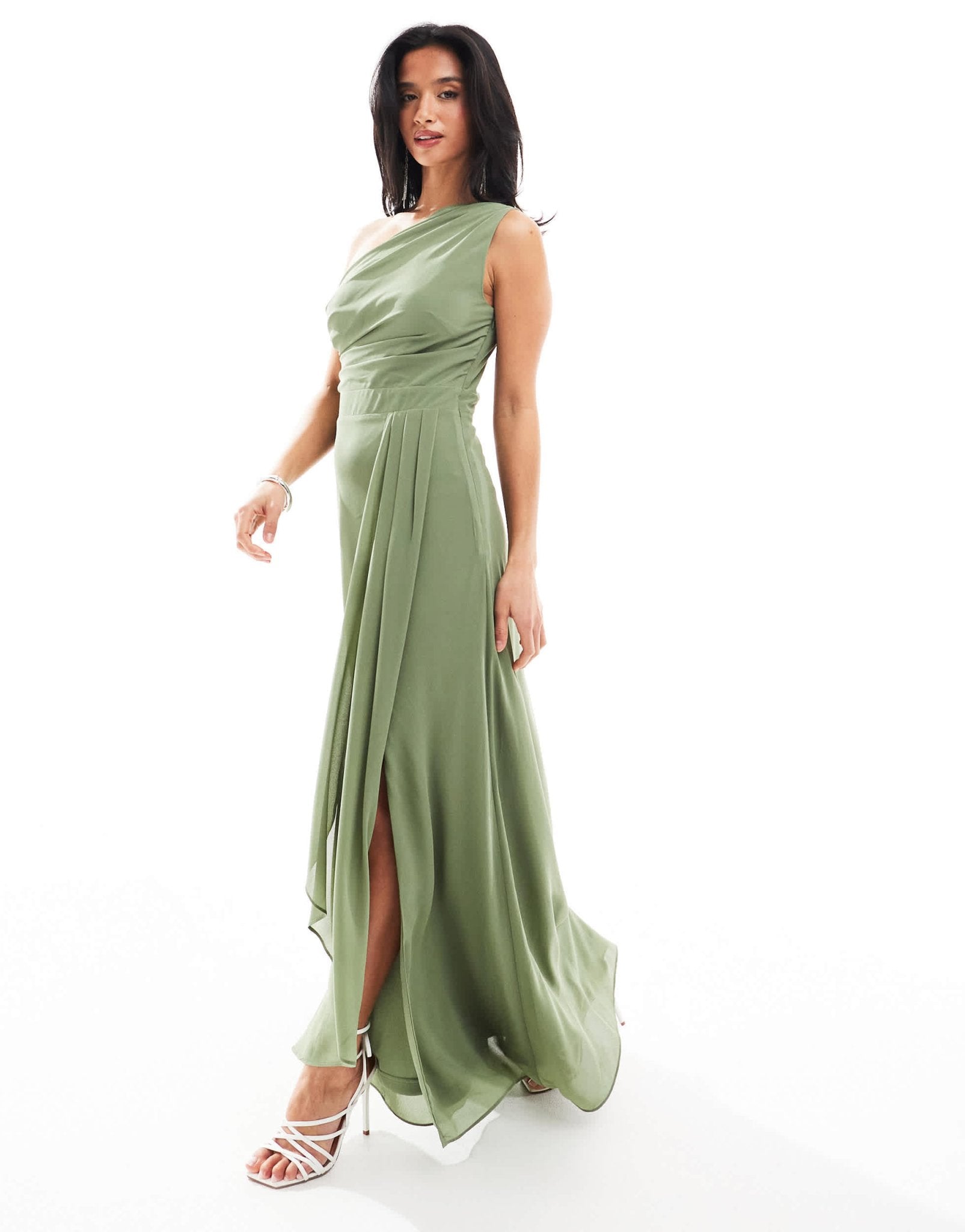 TFNC Petite Bridesmaid chiffon maxi dress with wrap skirt in dark green - ASOS Sample Sale