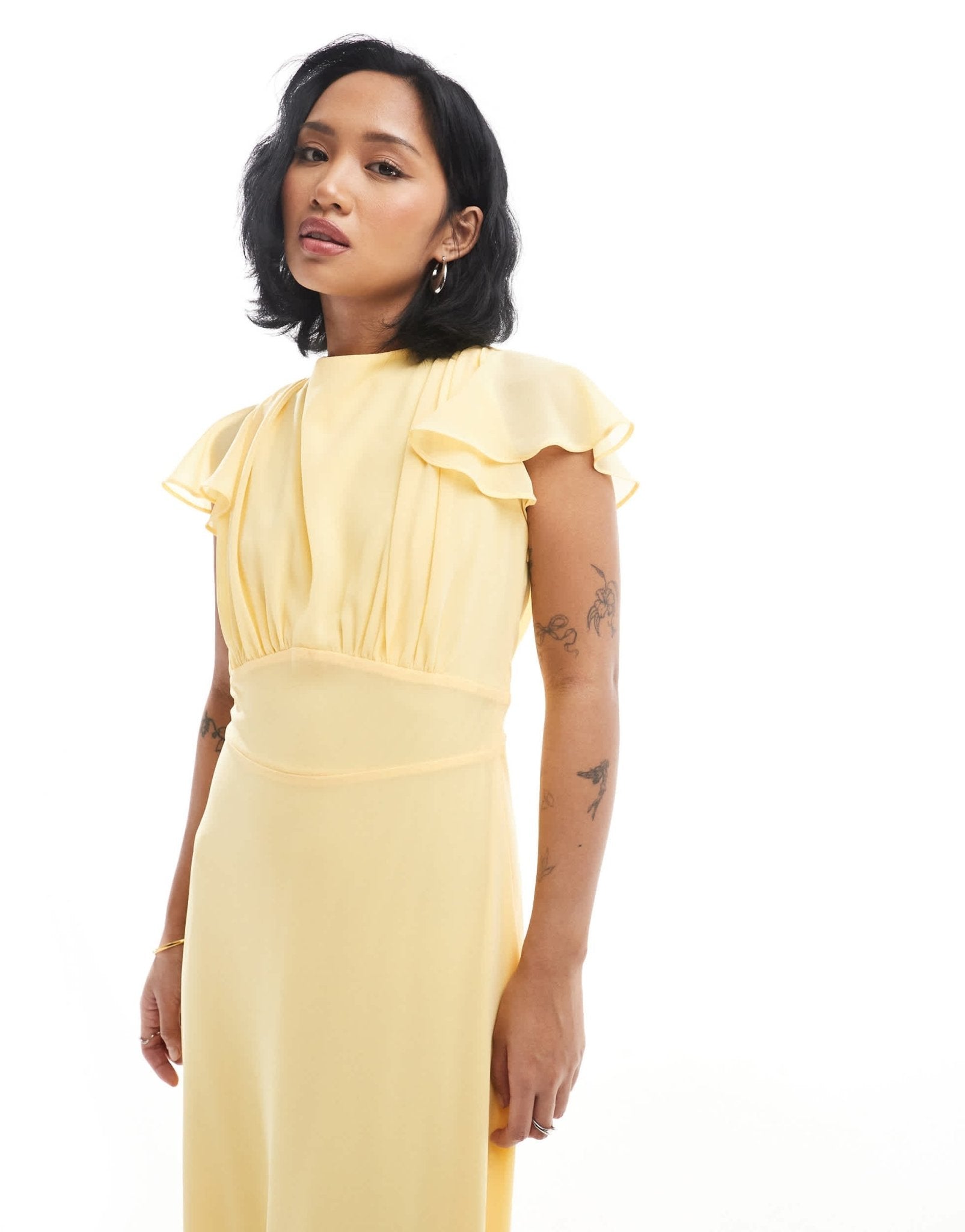 TFNC Petite Bridesmaid flutter sleeve cowl back chiffon maxi dress in lemon - ASOS Sample Sale