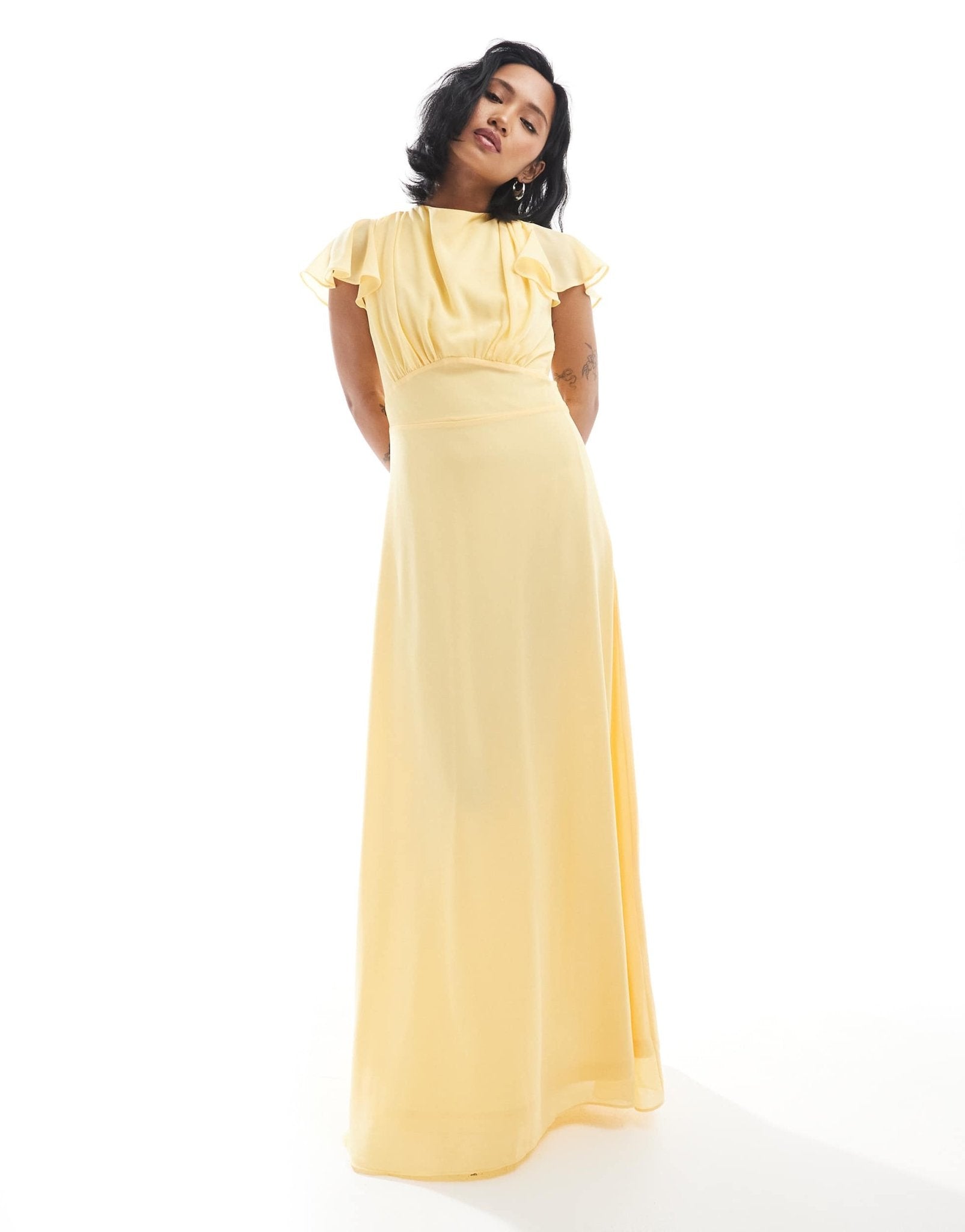 TFNC Petite Bridesmaid flutter sleeve cowl back chiffon maxi dress in lemon - ASOS Sample Sale