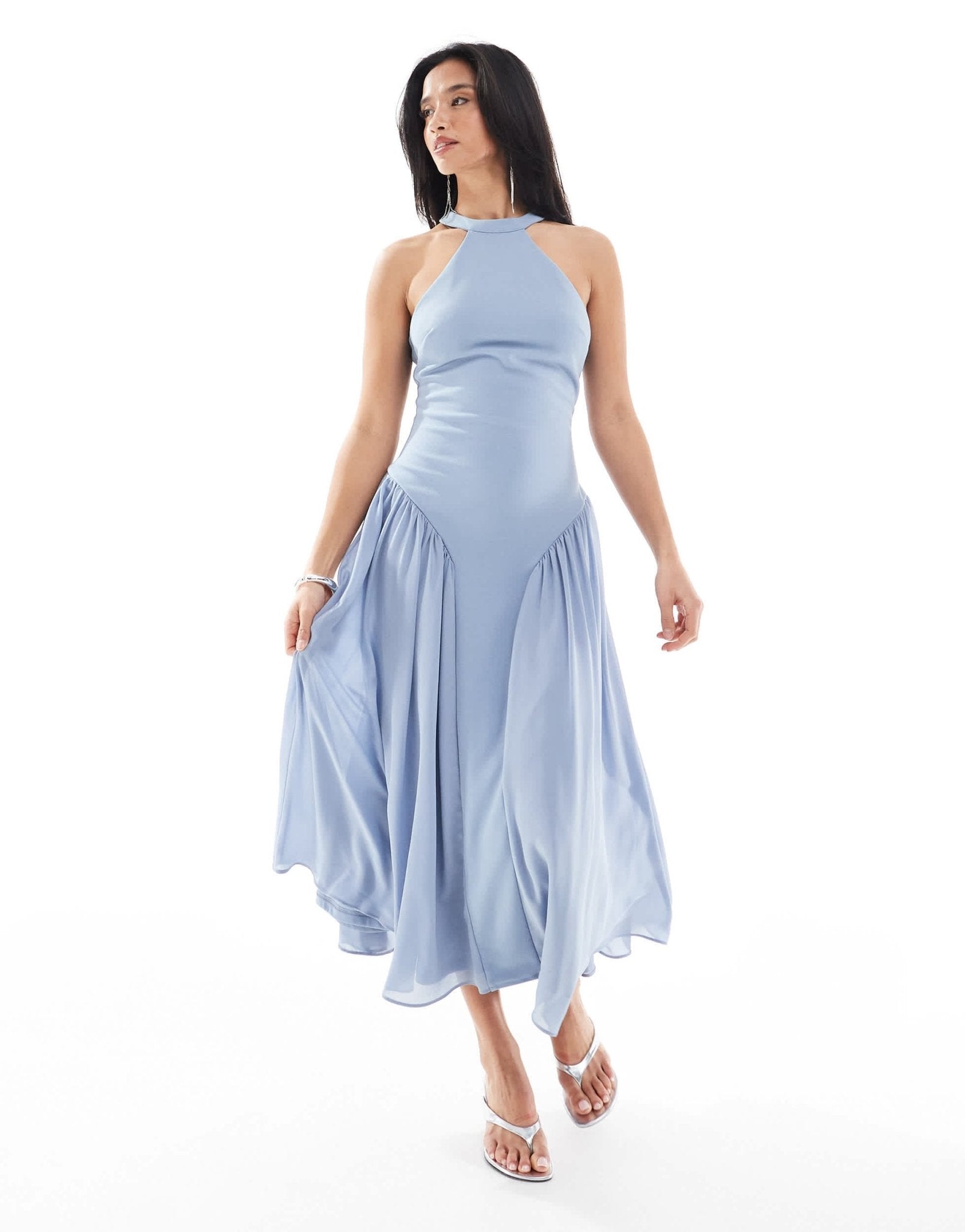 TFNC Petite Bridesmaid high neck maxi dress with full skirt in dusty blue - ASOS Sample Sale