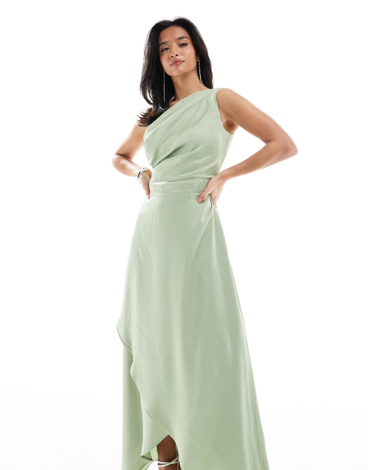 TFNC Petite Bridesmaid one shoulder satin maxi dress with wrap skirt in sage green - ASOS Sample Sale