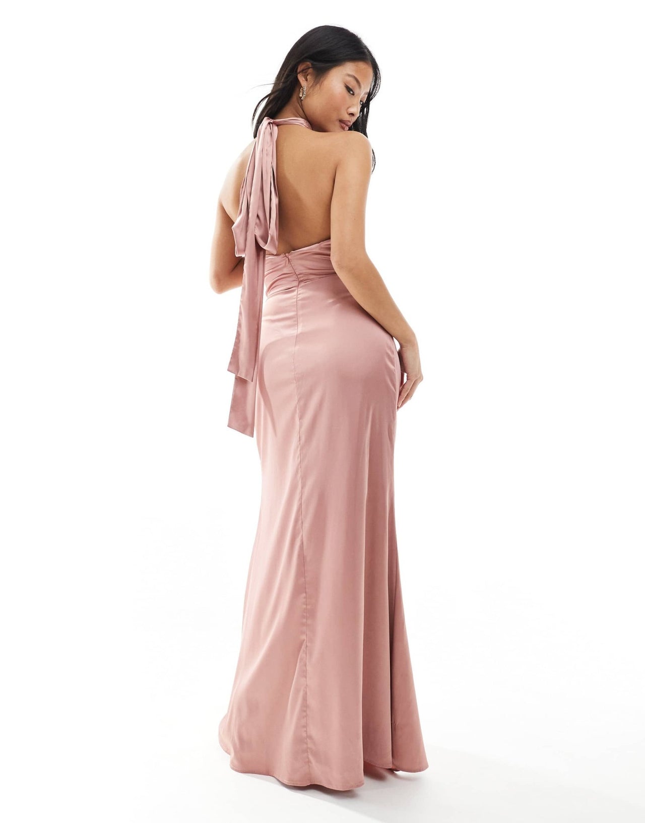 TFNC Petite Bridesmaid satin high neck maxi dress with bow back in dusky pink - ASOS Sample Sale