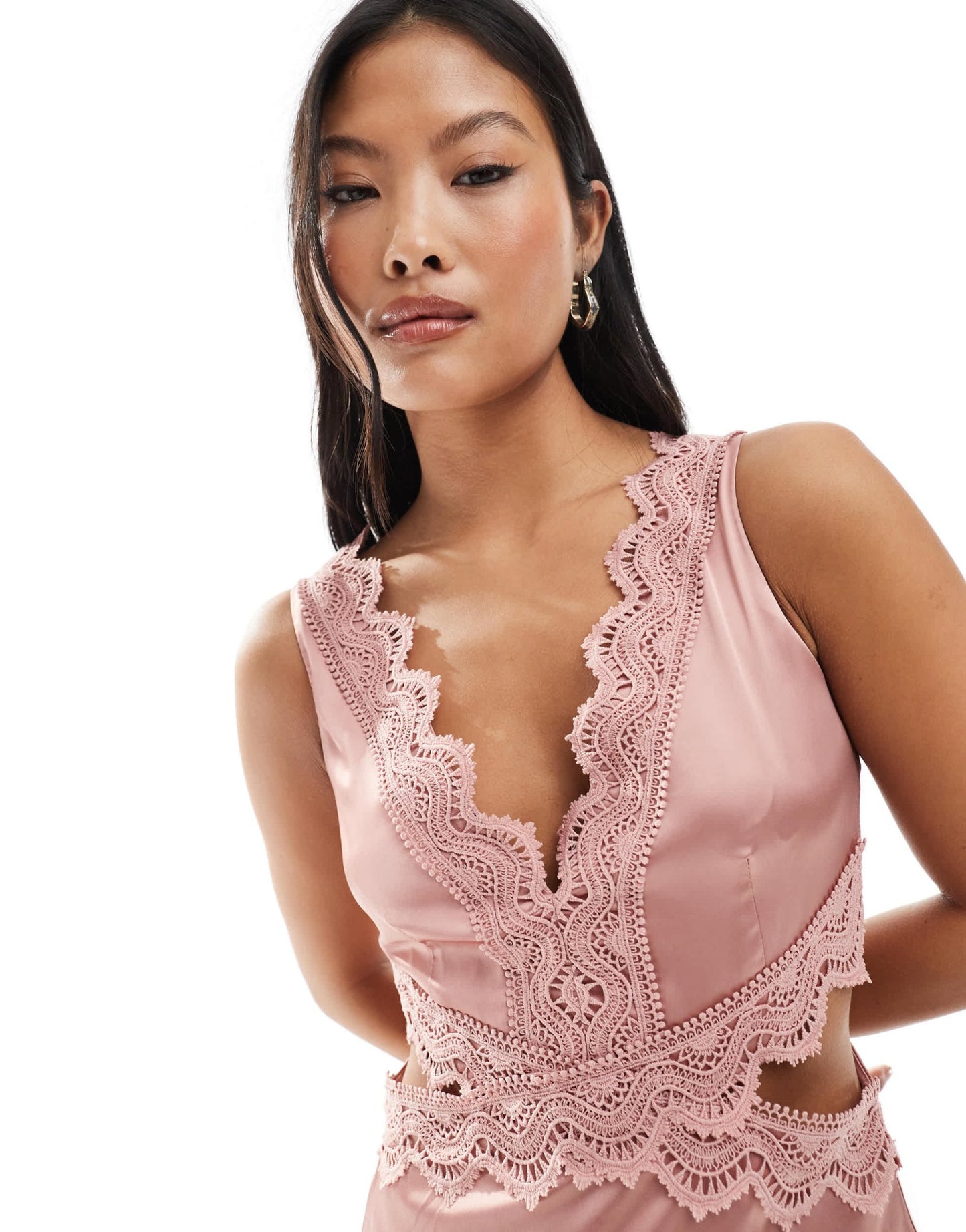 TFNC Petite Bridesmaid satin maxi dress with scalloped lace detail in dusky pink - ASOS Sample Sale