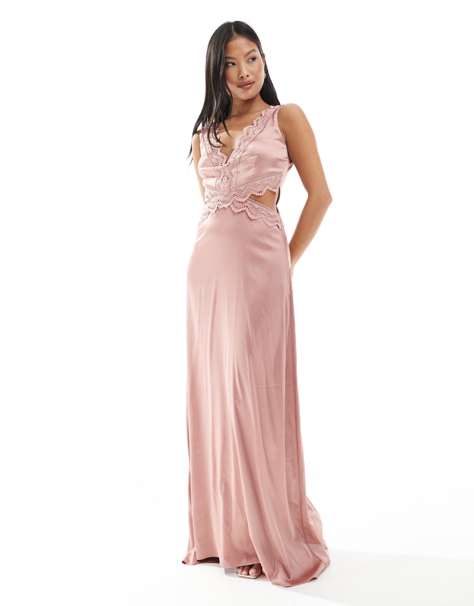 TFNC Petite Bridesmaid satin maxi dress with scalloped lace detail in dusky pink - ASOS Sample Sale