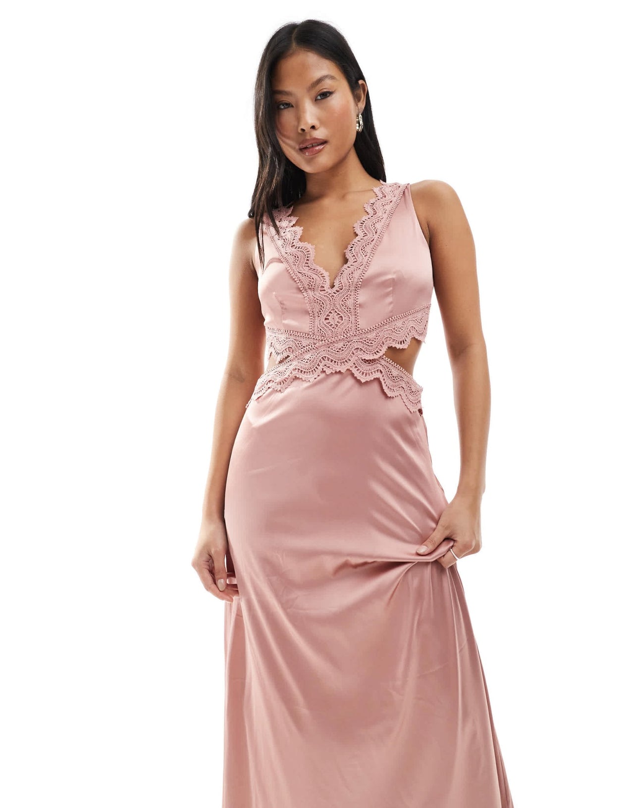 TFNC Petite Bridesmaid satin maxi dress with scalloped lace detail in dusky pink - ASOS Sample Sale