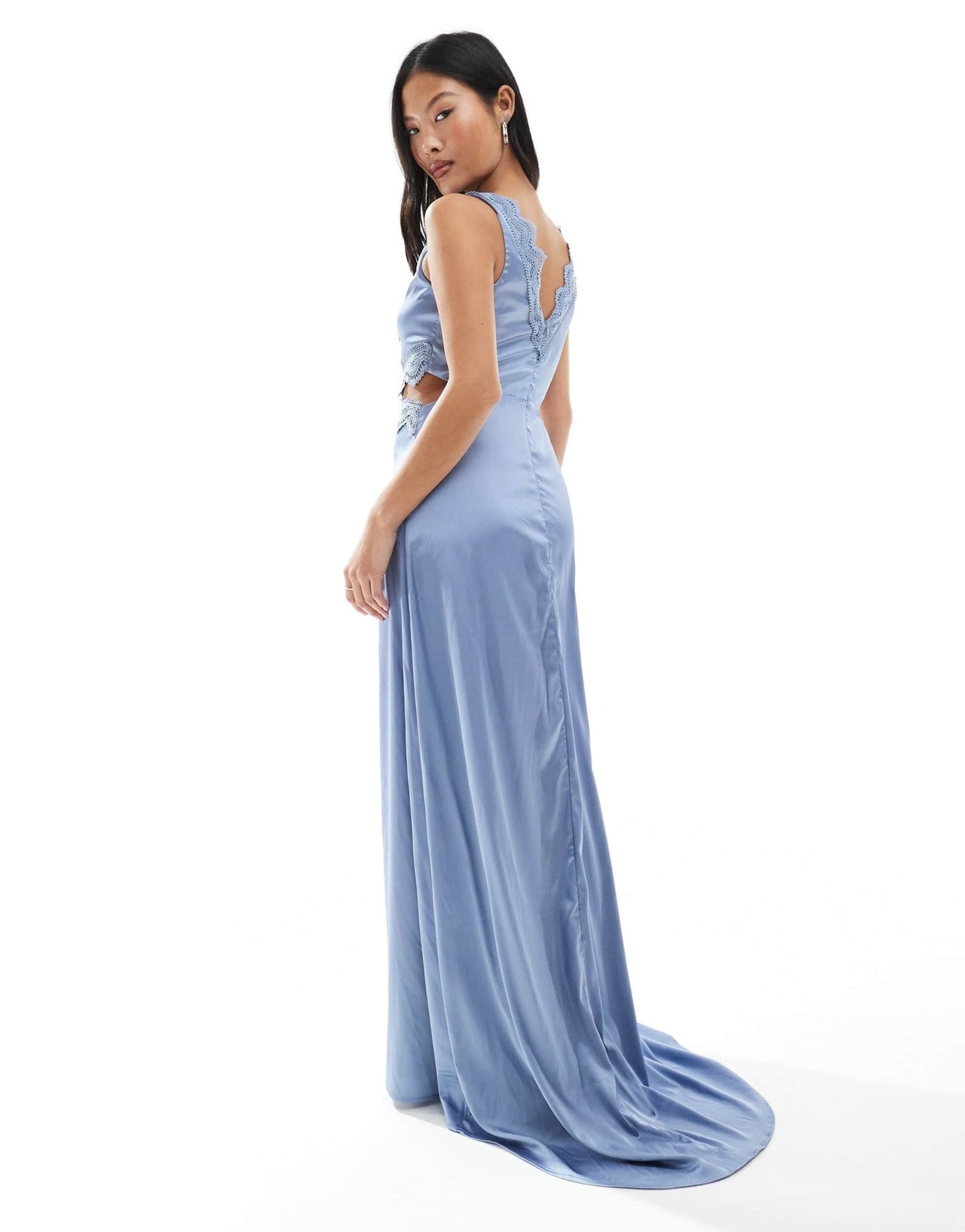 TFNC Petite Bridesmaid satin maxi dress with scalloped lace detail in dusty blue - ASOS Sample Sale