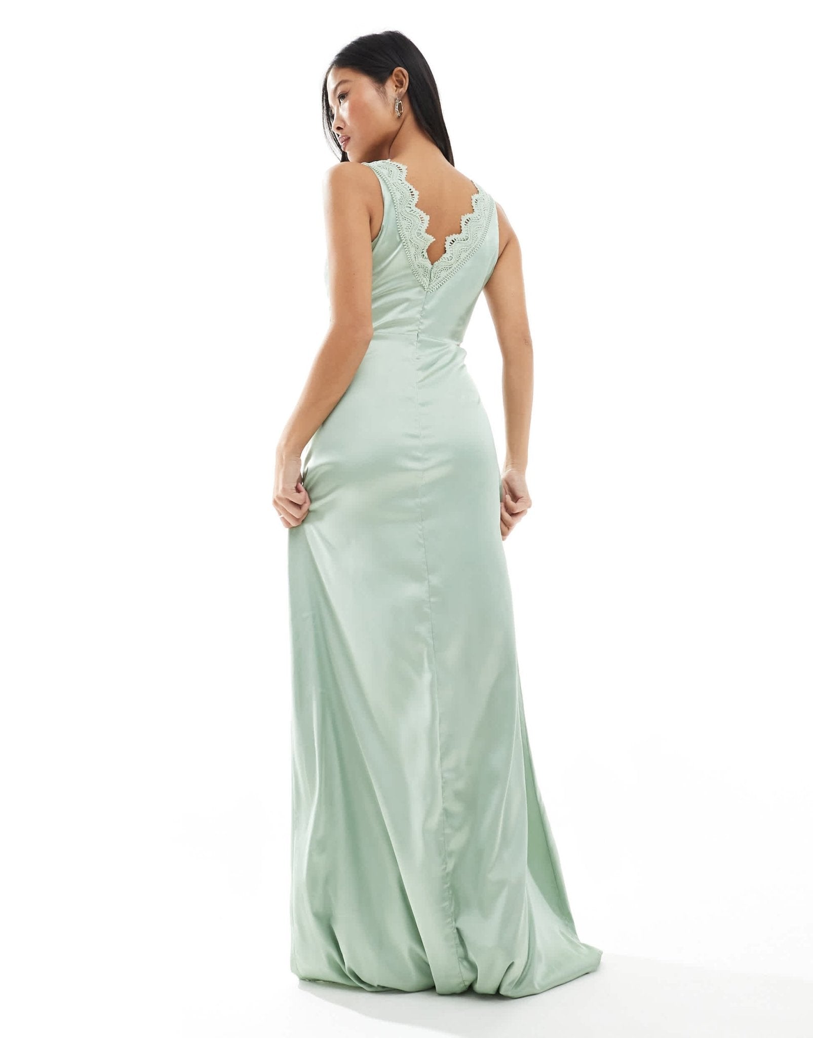 TFNC Petite Bridesmaid satin maxi dress with scalloped lace detail in sage - ASOS Sample Sale