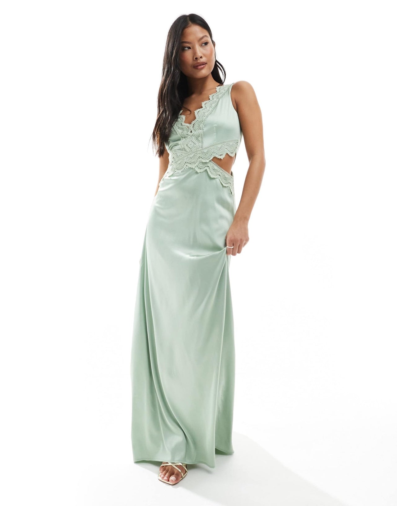 TFNC Petite Bridesmaid satin maxi dress with scalloped lace detail in