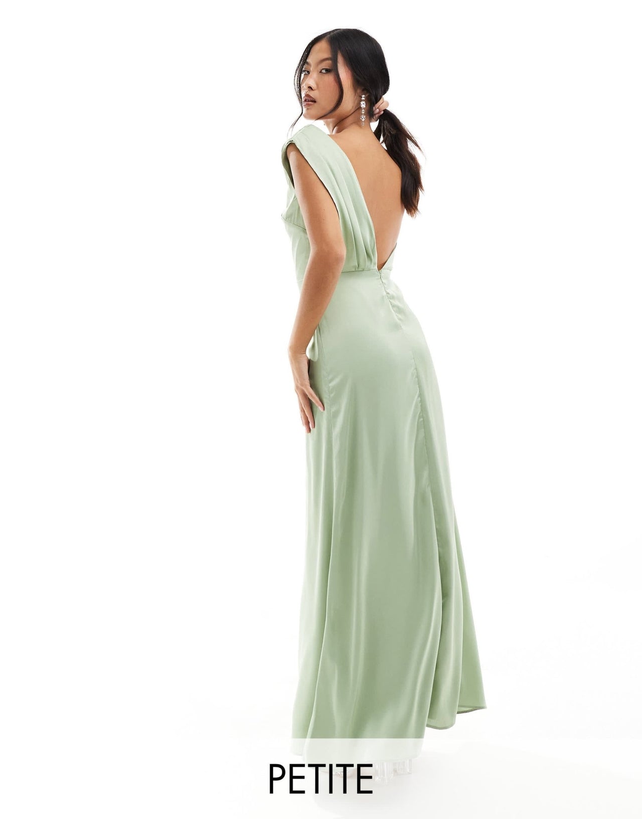 TFNC Petite Bridesmaid satin one shoulder drape maxi dress in sage - ASOS Sample Sale