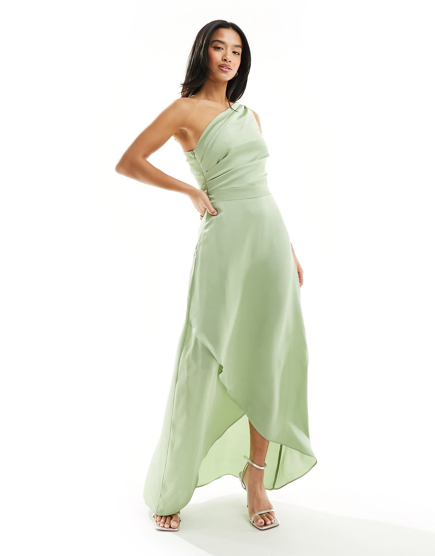 TFNC Petite Bridesmaid Satin one shoulder maxi dress with wrap skirt in sage - ASOS Sample Sale