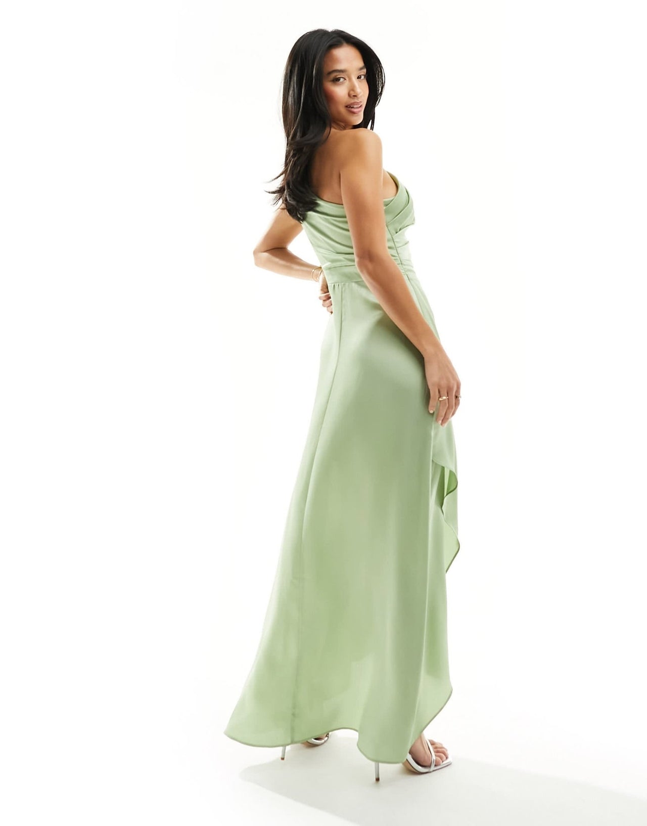TFNC Petite Bridesmaid Satin one shoulder maxi dress with wrap skirt in sage - ASOS Sample Sale