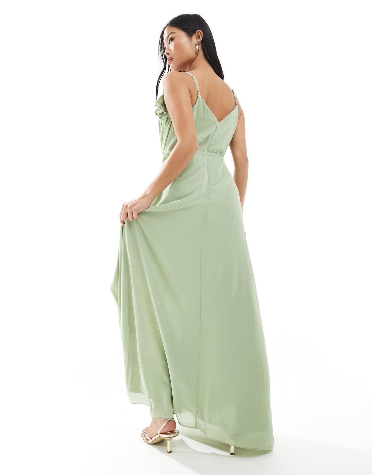 TFNC Petite Bridesmaid wrap front chiffon maxi dress with frill detail and split in sage - ASOS Sample Sale