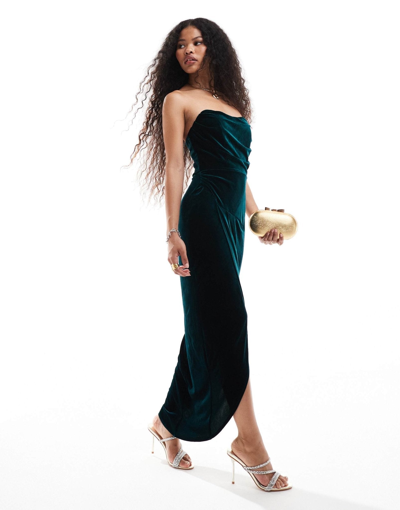 TFNC Petite draped corset velvet maxi dress in emerald green - ASOS Sample Sale
