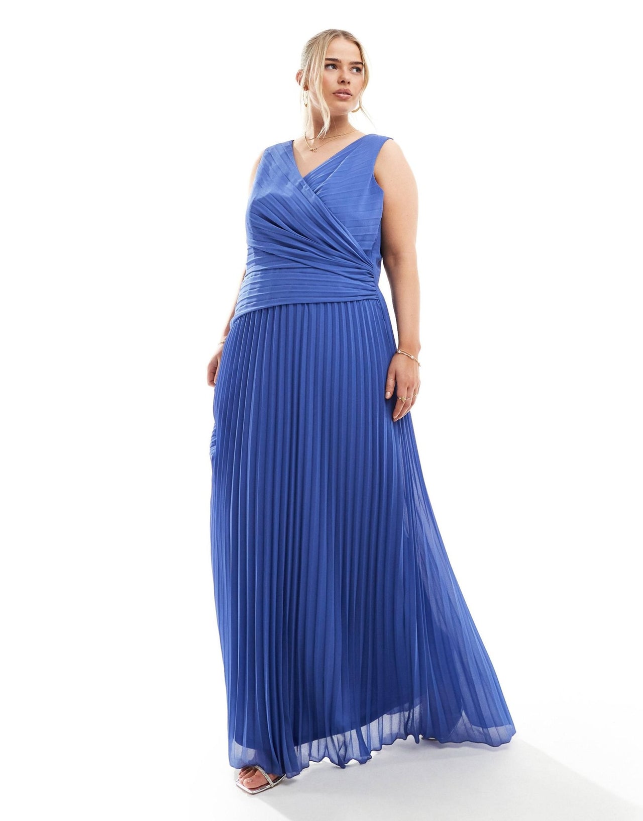 TFNC Plus Bridesmaid chiffon wrap front pleated maxi dress in aster blue - ASOS Sample Sale
