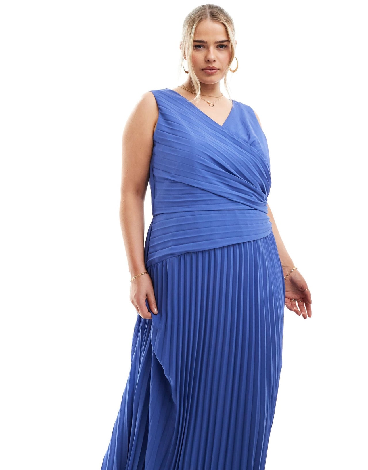 TFNC Plus Bridesmaid chiffon wrap front pleated maxi dress in aster blue - ASOS Sample Sale