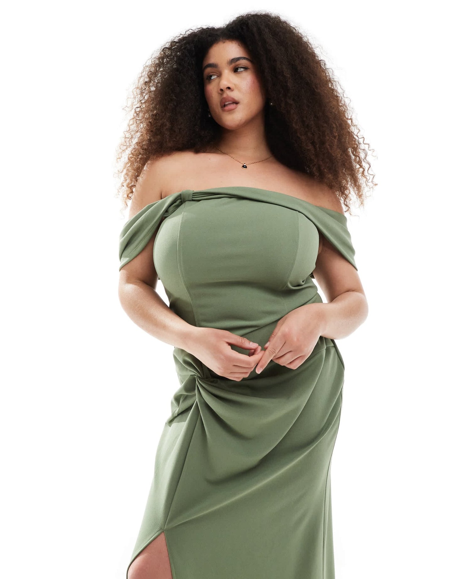 TFNC Plus Bridesmaid fallen shoulder maxi dress with split in dark green - ASOS Sample Sale