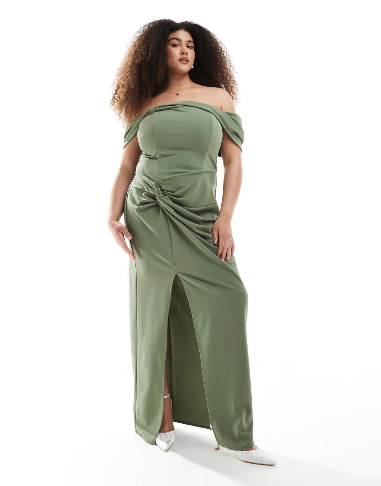TFNC Plus Bridesmaid fallen shoulder maxi dress with split in dark green - ASOS Sample Sale
