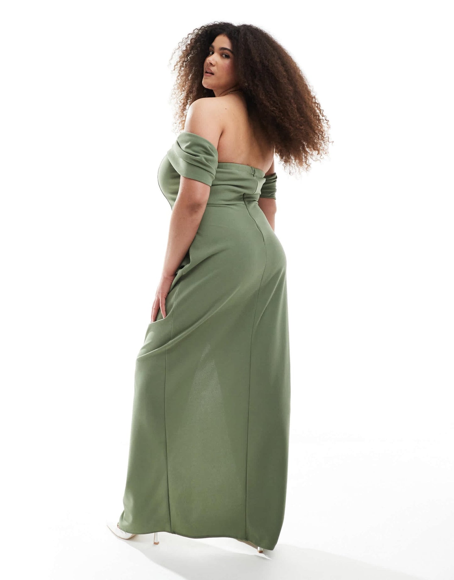 TFNC Plus Bridesmaid fallen shoulder maxi dress with split in dark green - ASOS Sample Sale