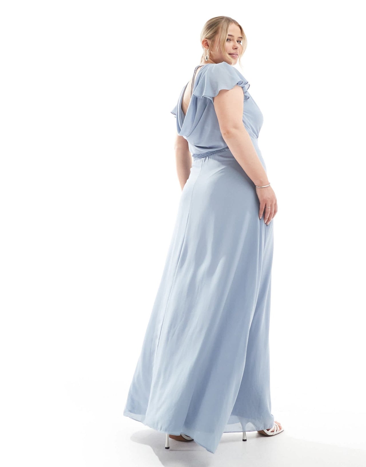 TFNC Plus Bridesmaid flutter sleeve cowl back chiffon maxi dress in dusty blue - ASOS Sample Sale