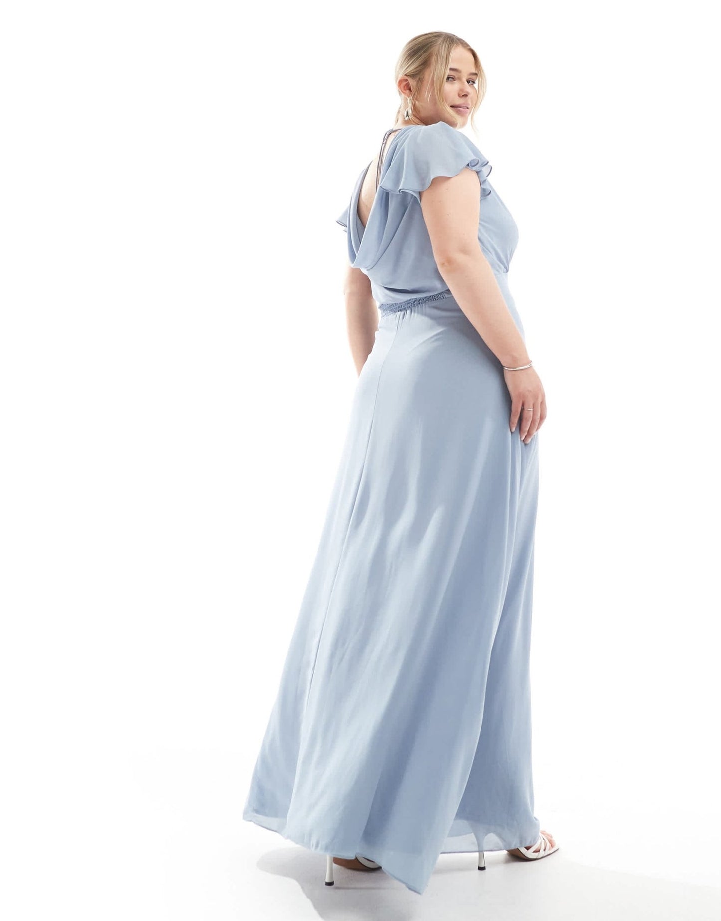 TFNC Plus Bridesmaid flutter sleeve cowl back chiffon maxi dress in dusty blue - ASOS Sample Sale