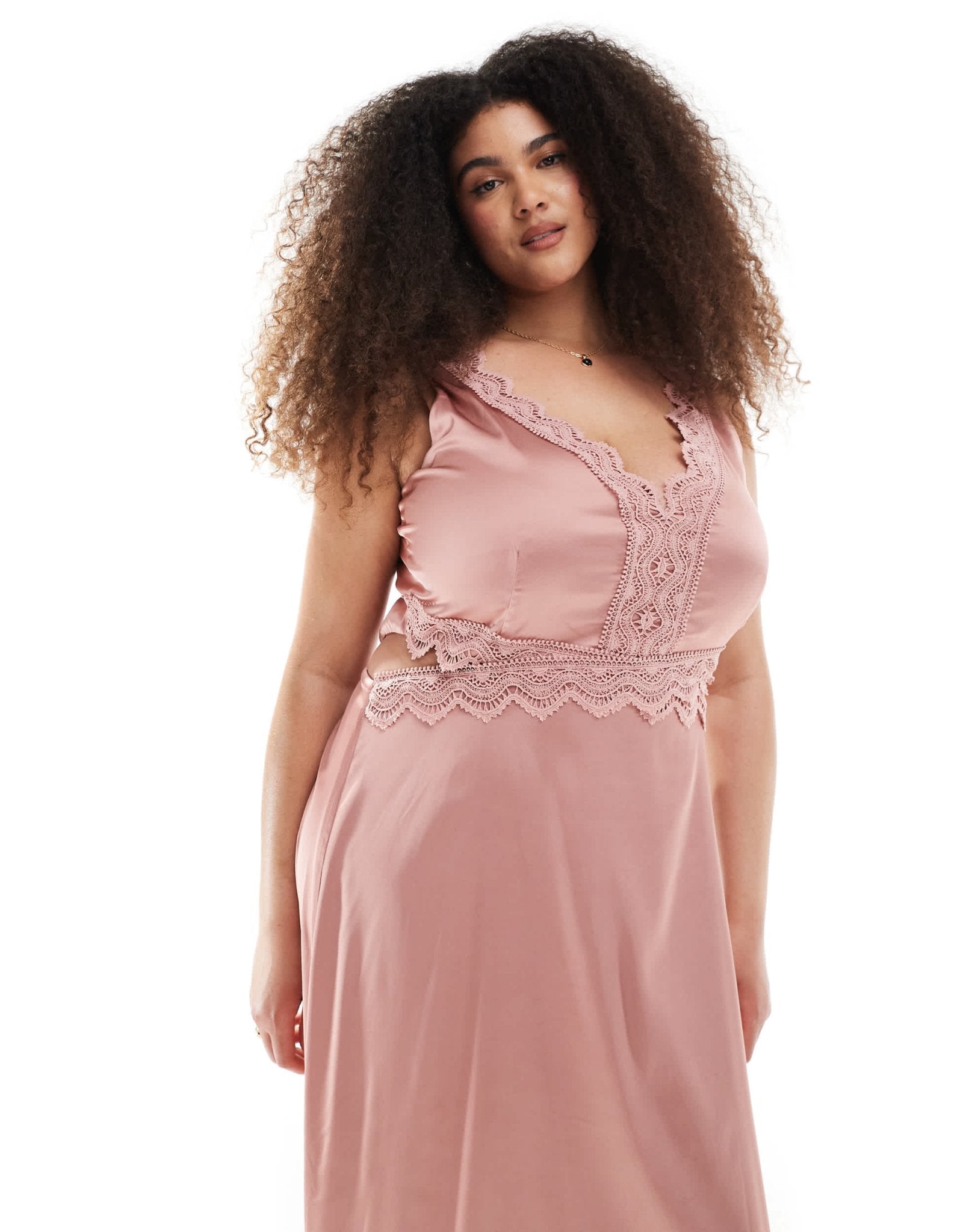 TFNC Plus Bridesmaid satin maxi dress with scalloped lace detail in dusky pink - ASOS Sample Sale