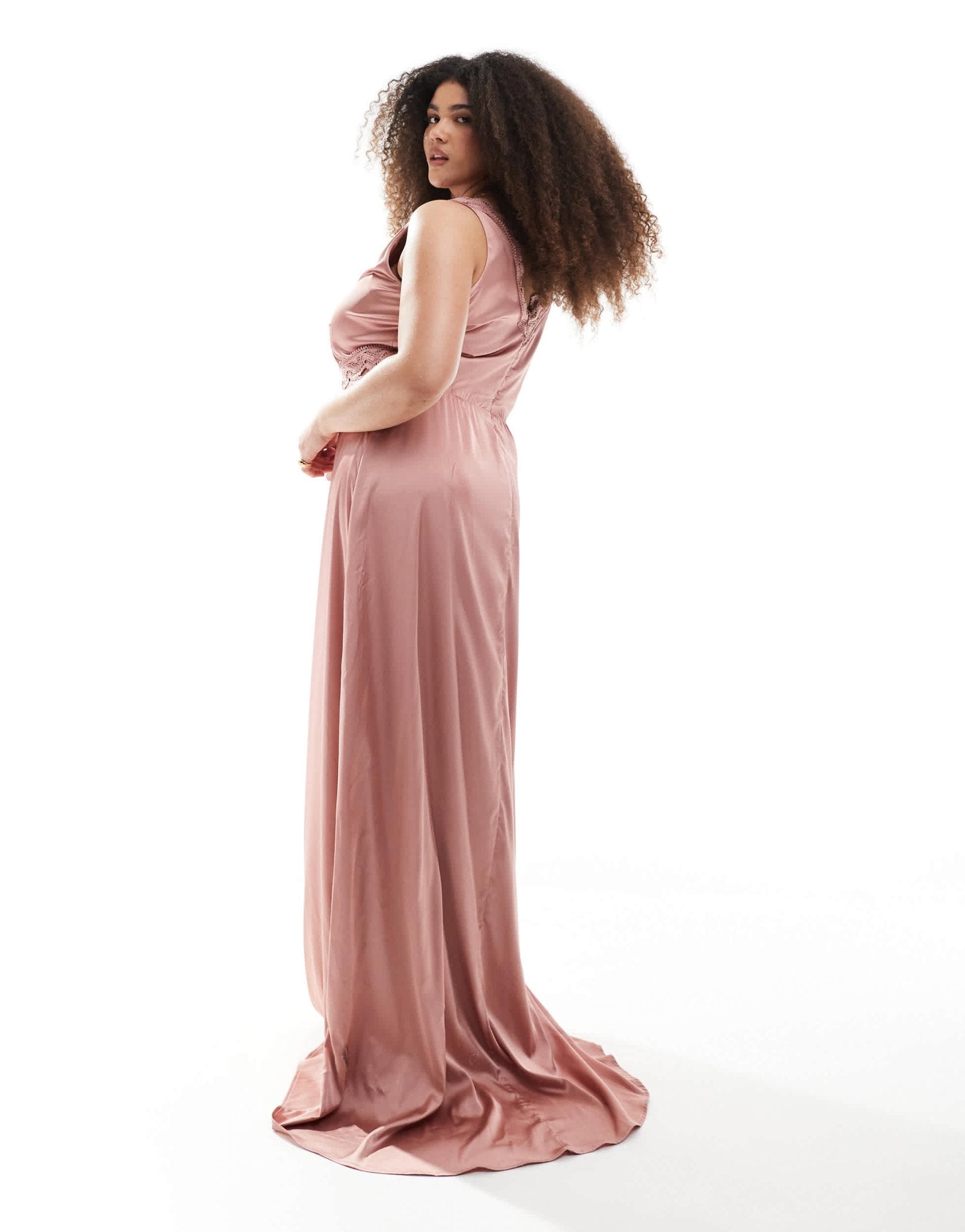 TFNC Plus Bridesmaid satin maxi dress with scalloped lace detail in dusky pink - ASOS Sample Sale