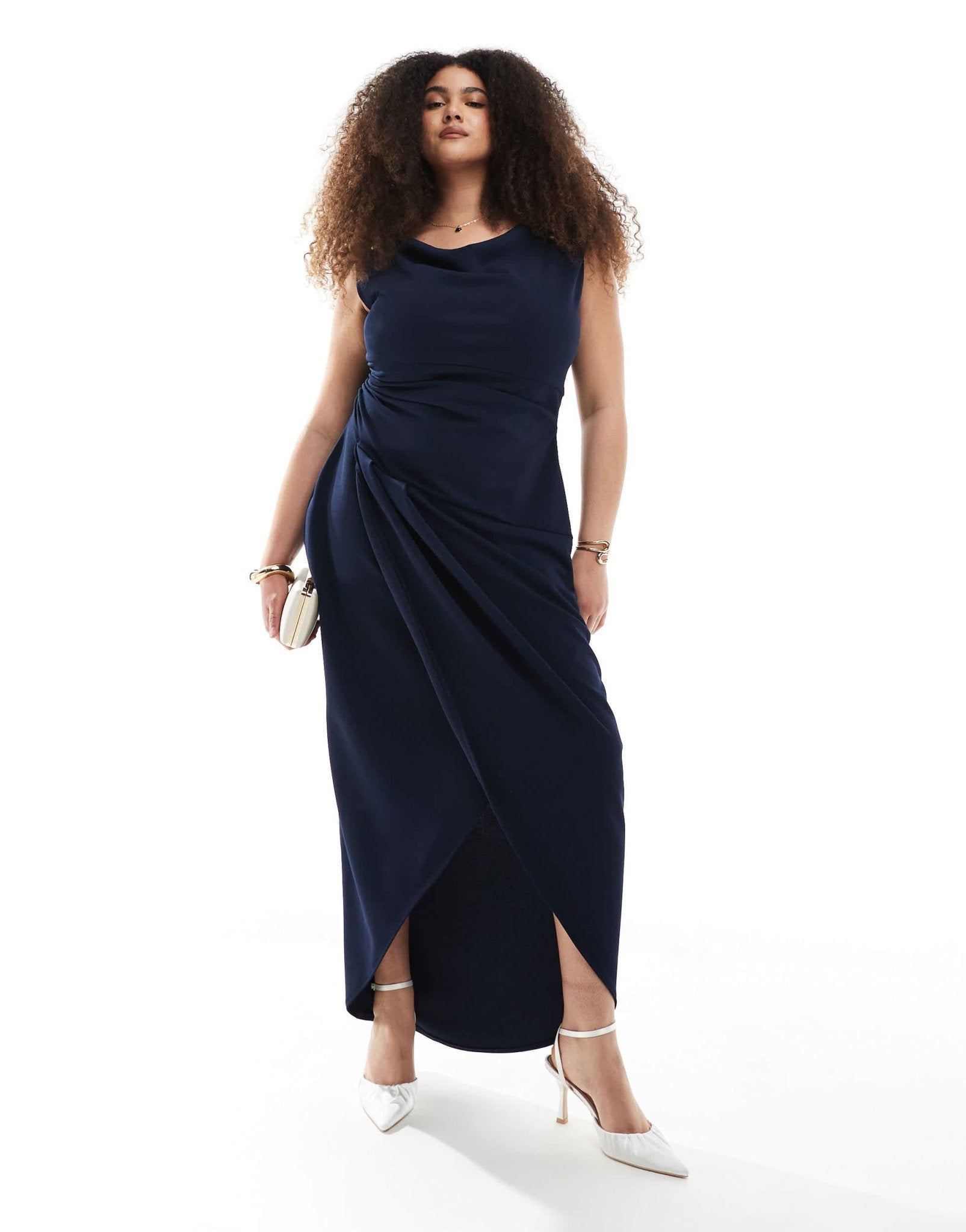TFNC Plus Bridesmaid slash neck maxi dress with ruching detail in navy - ASOS Sample Sale