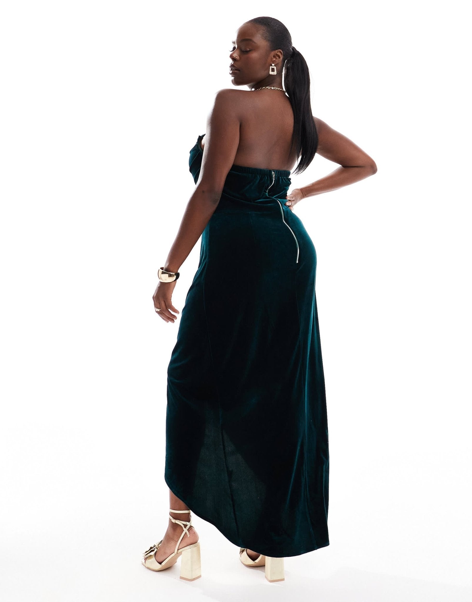 TFNC Plus draped corset velvet maxi dress in emerald green - ASOS Sample Sale