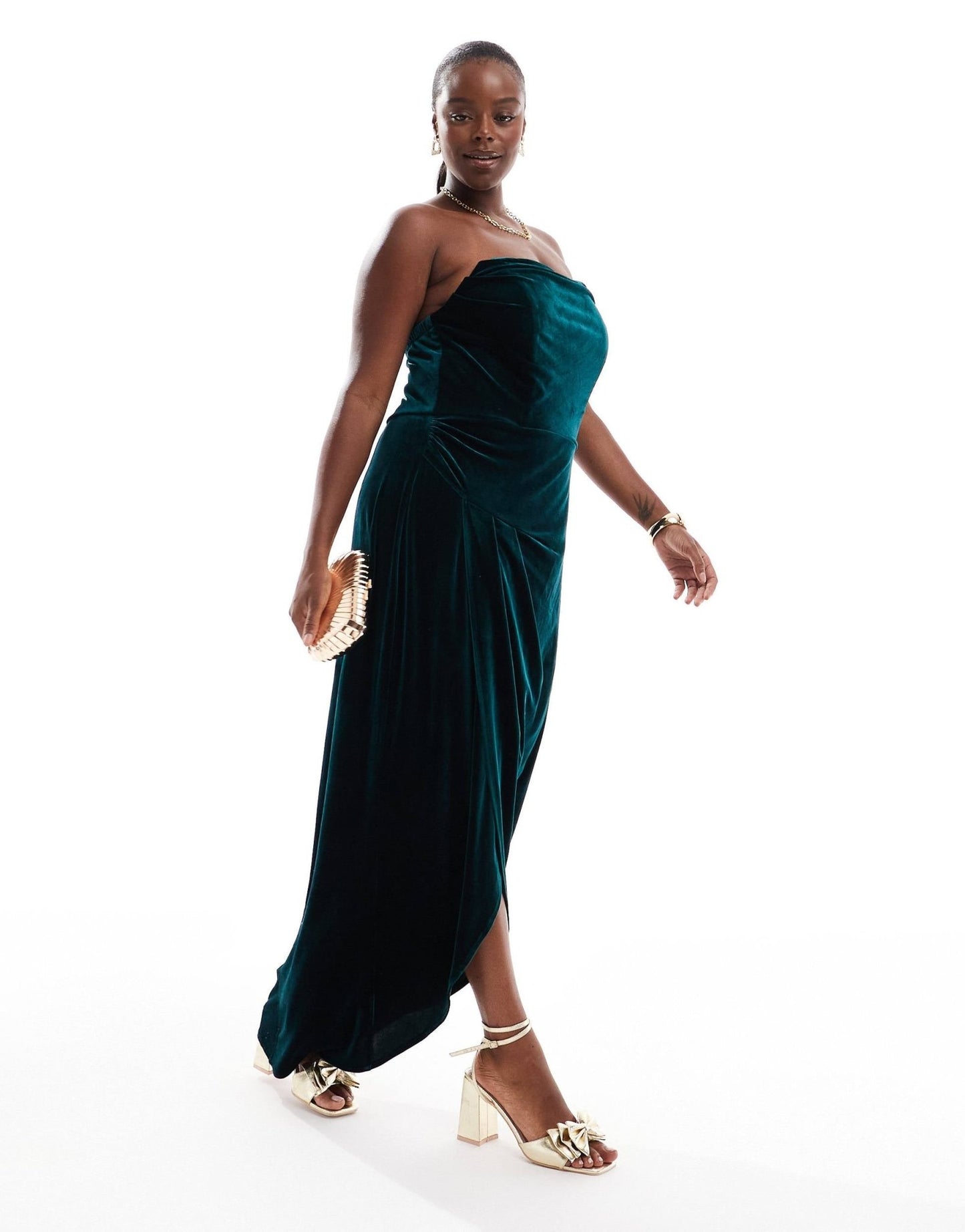 TFNC Plus draped corset velvet maxi dress in emerald green - ASOS Sample Sale