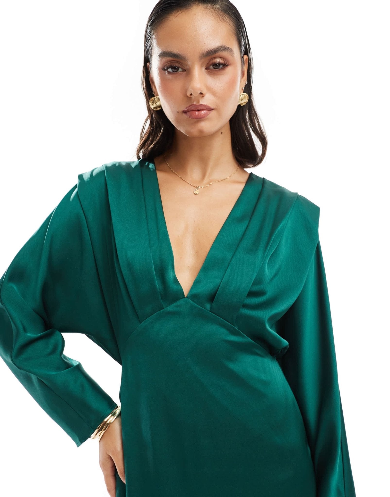 TFNC satin kimono top maxi dress in emerald green - ASOS Sample Sale