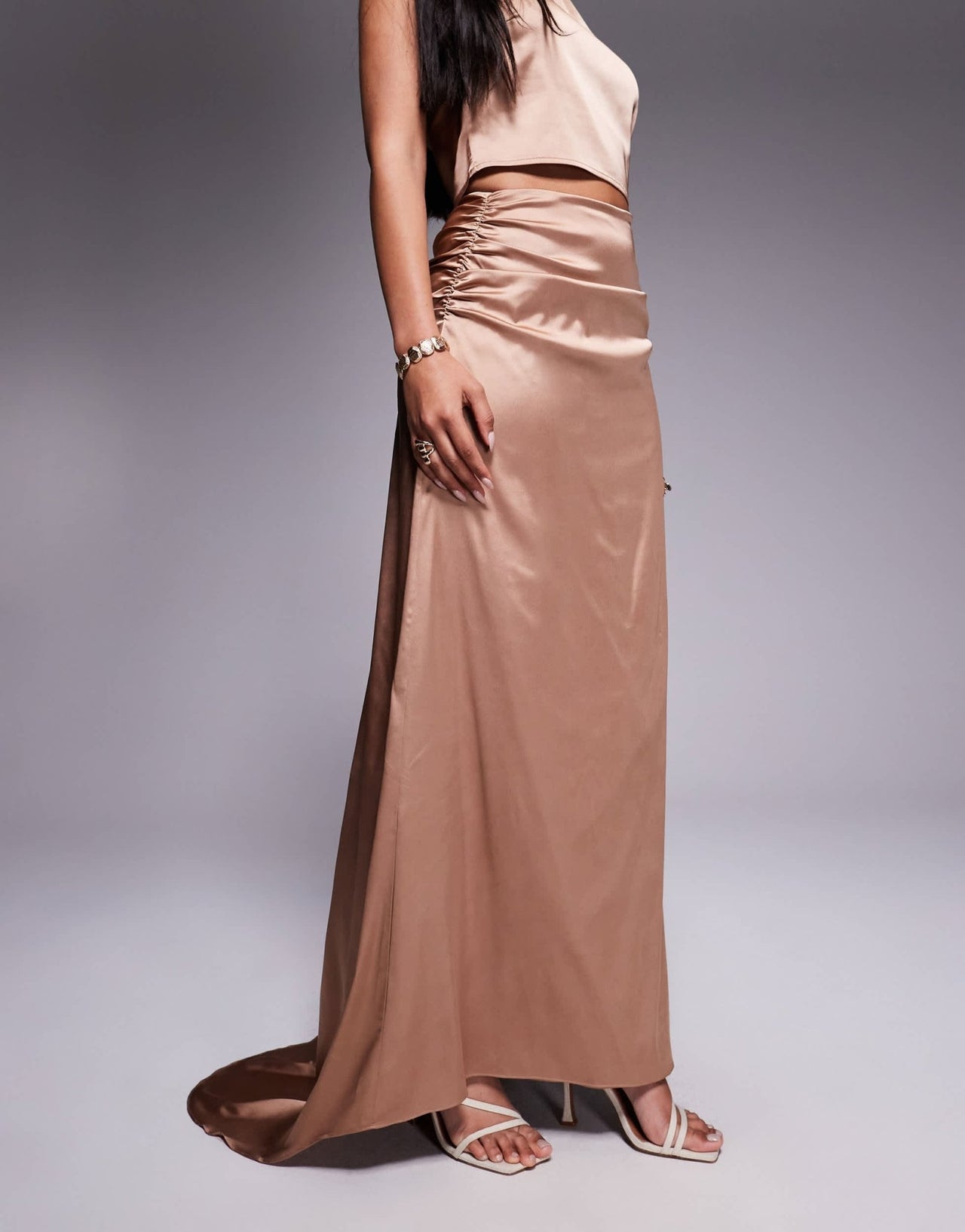 TFNC satin train maxi skirt co-ord in mocha - ASOS Sample Sale