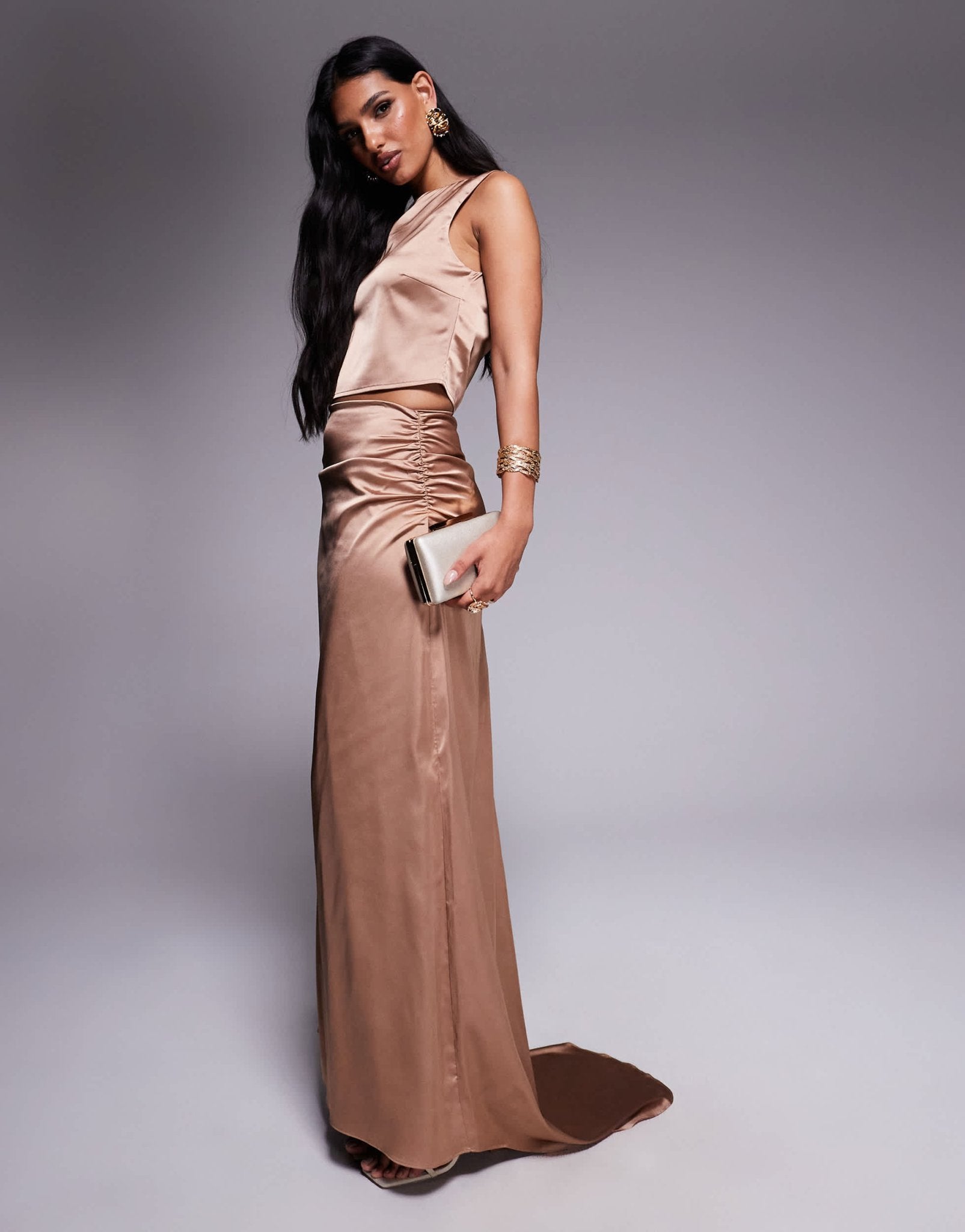 TFNC satin train maxi skirt co-ord in mocha - ASOS Sample Sale