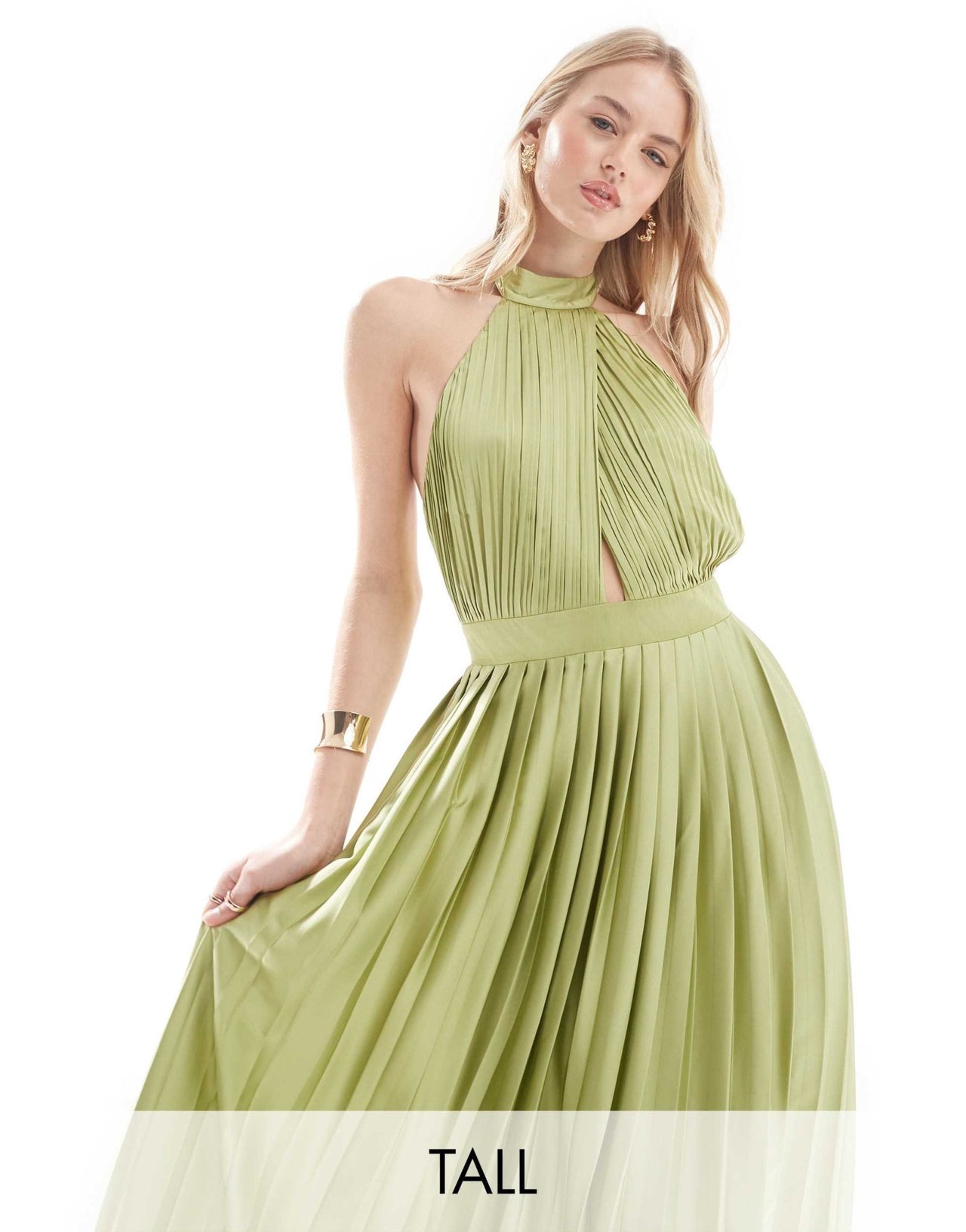 TFNC Tall Bridesmaid satin pleated halterneck maxi dress with full skirt in olive - ASOS Sample Sale