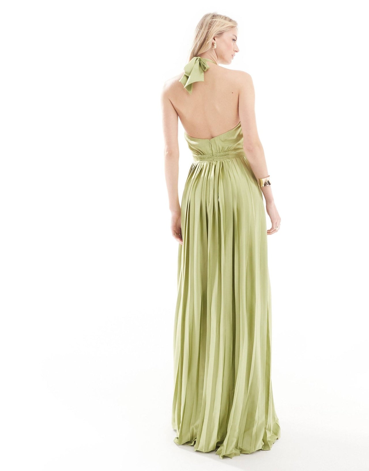 TFNC Tall Bridesmaid satin pleated halterneck maxi dress with full skirt in olive - ASOS Sample Sale