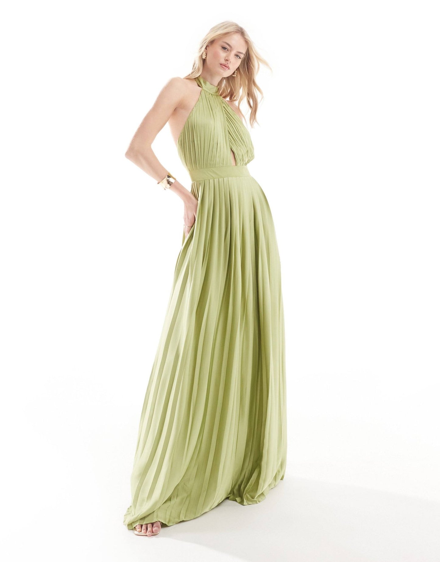 TFNC Tall Bridesmaid satin pleated halterneck maxi dress with full skirt in olive - ASOS Sample Sale