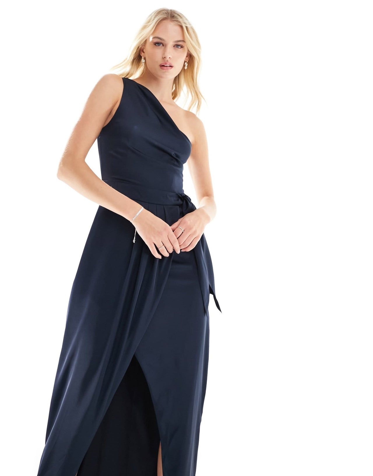 TFNC Tall Bridesmaids one shoulder maxi dress with pleated detail in navy - ASOS Sample Sale