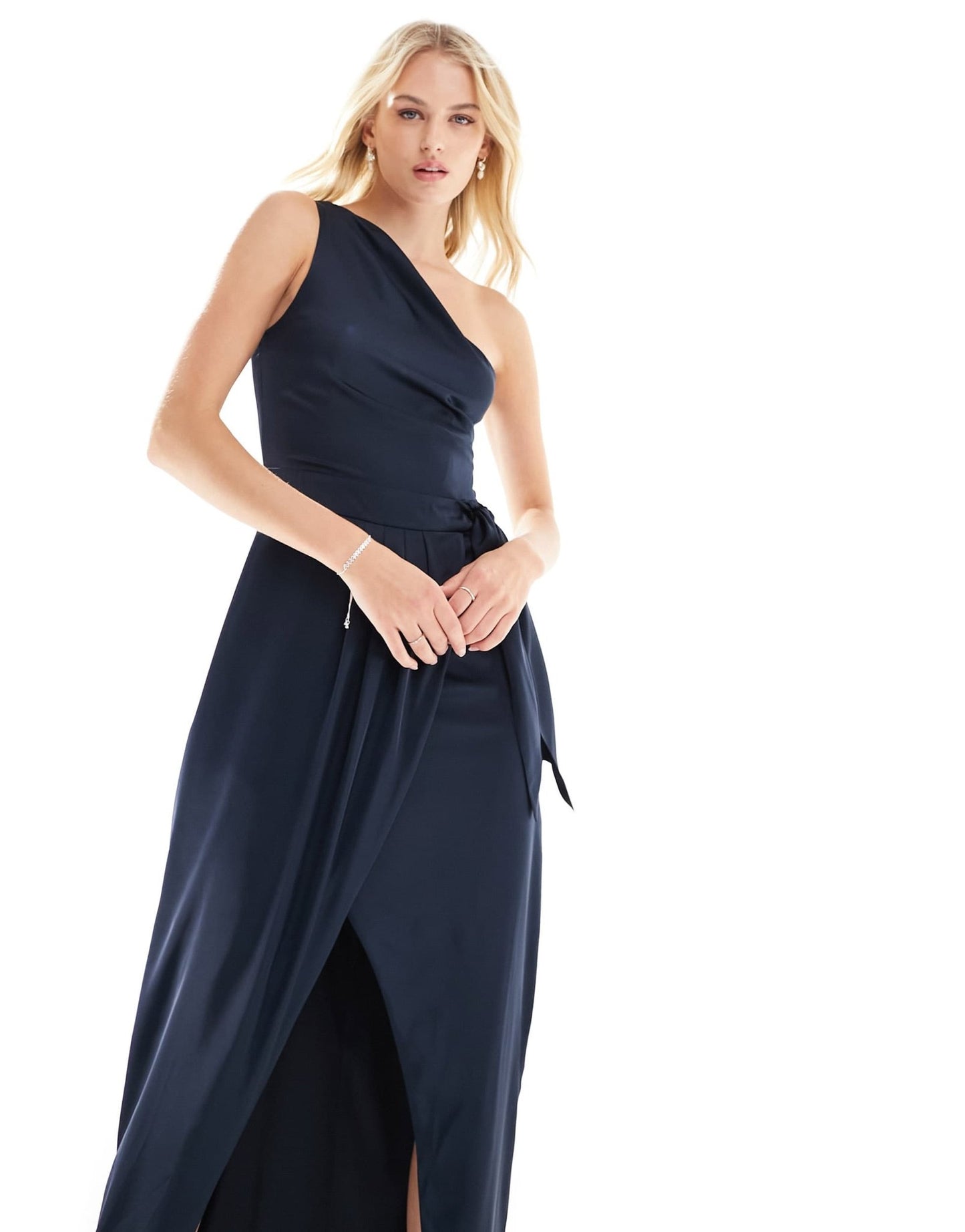 TFNC Tall Bridesmaids one shoulder maxi dress with pleated detail in navy - ASOS Sample Sale