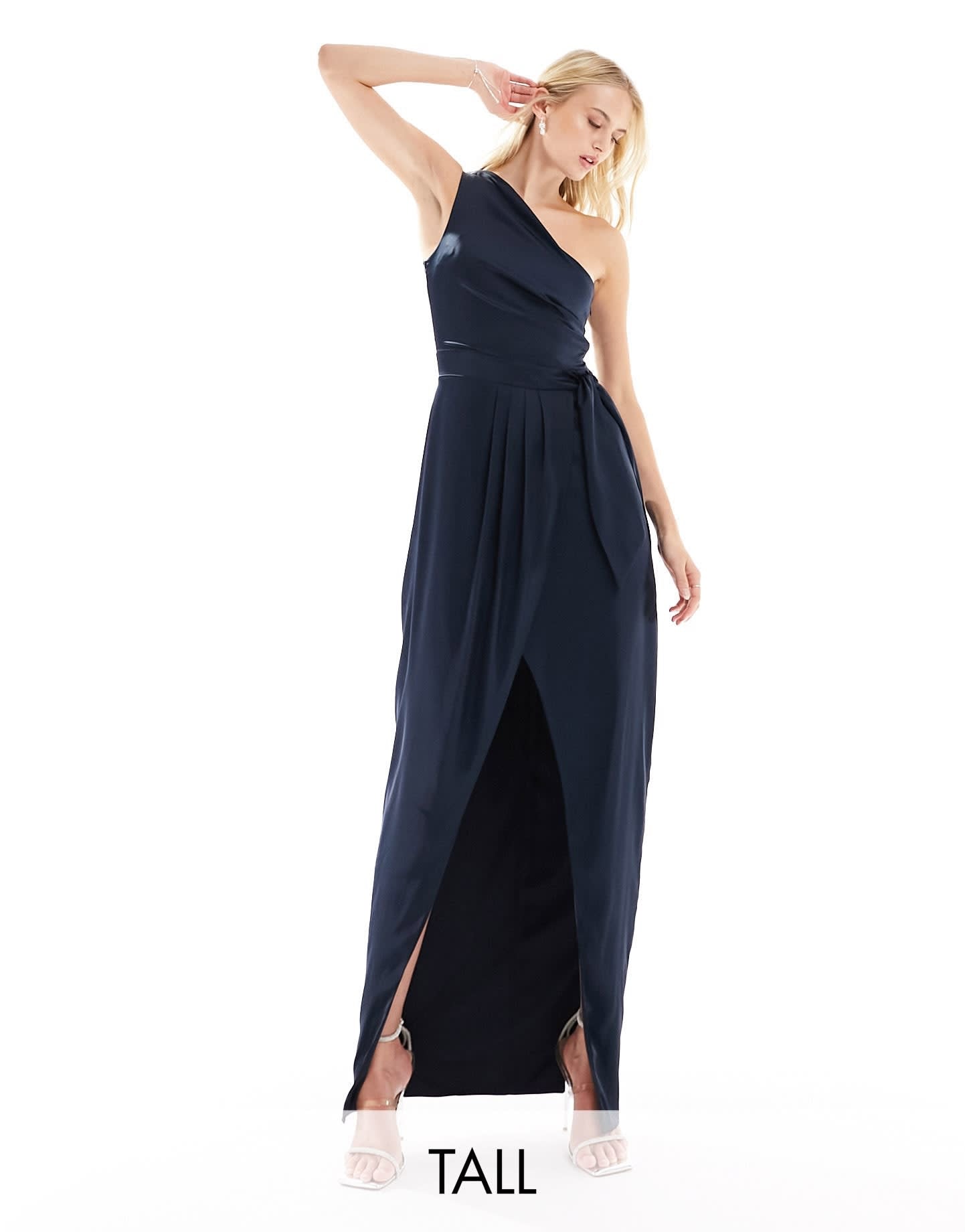 TFNC Tall Bridesmaids one shoulder maxi dress with pleated detail in navy - ASOS Sample Sale