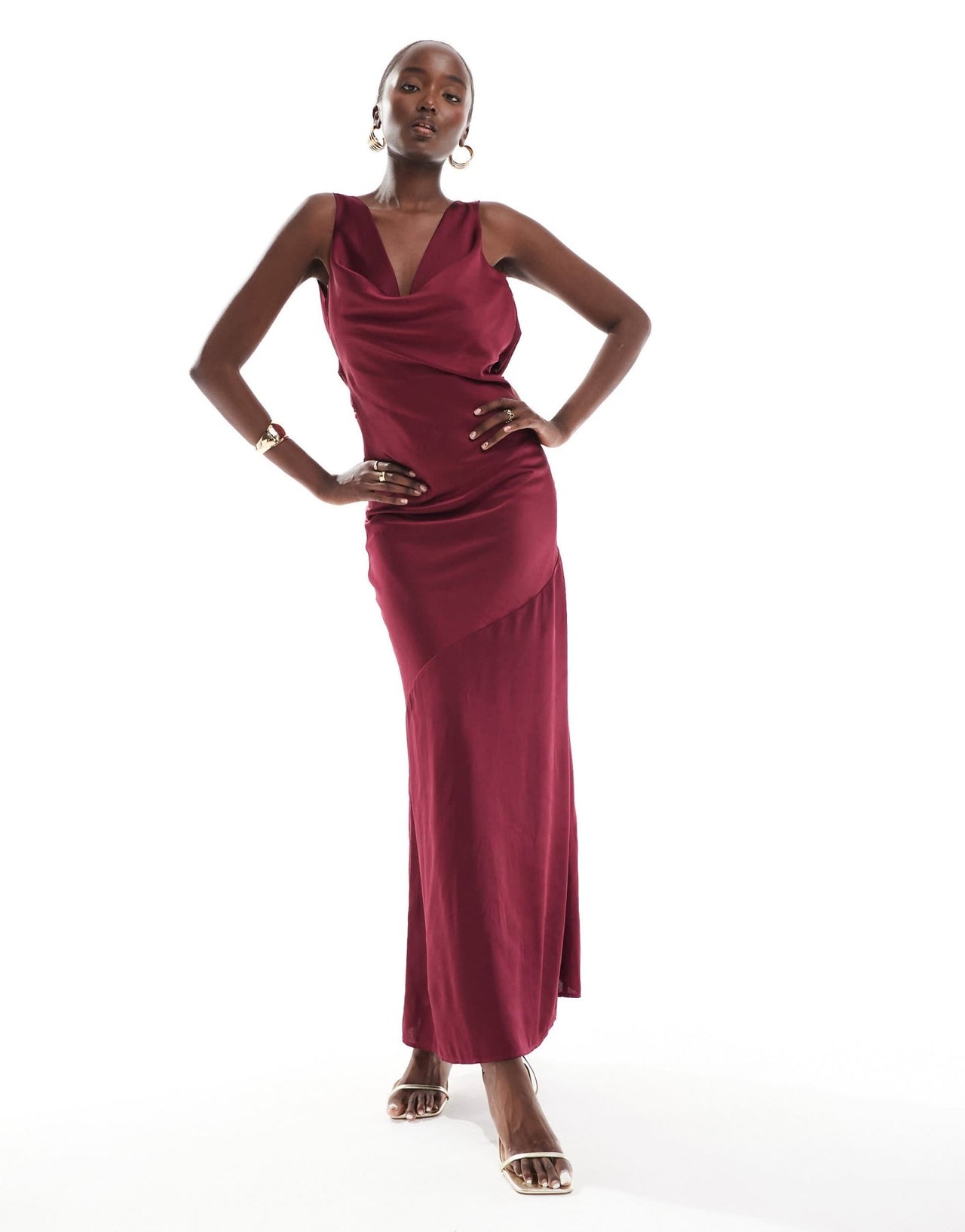 TFNC Tall satin cowl back maxi dress in berry - ASOS Sample Sale