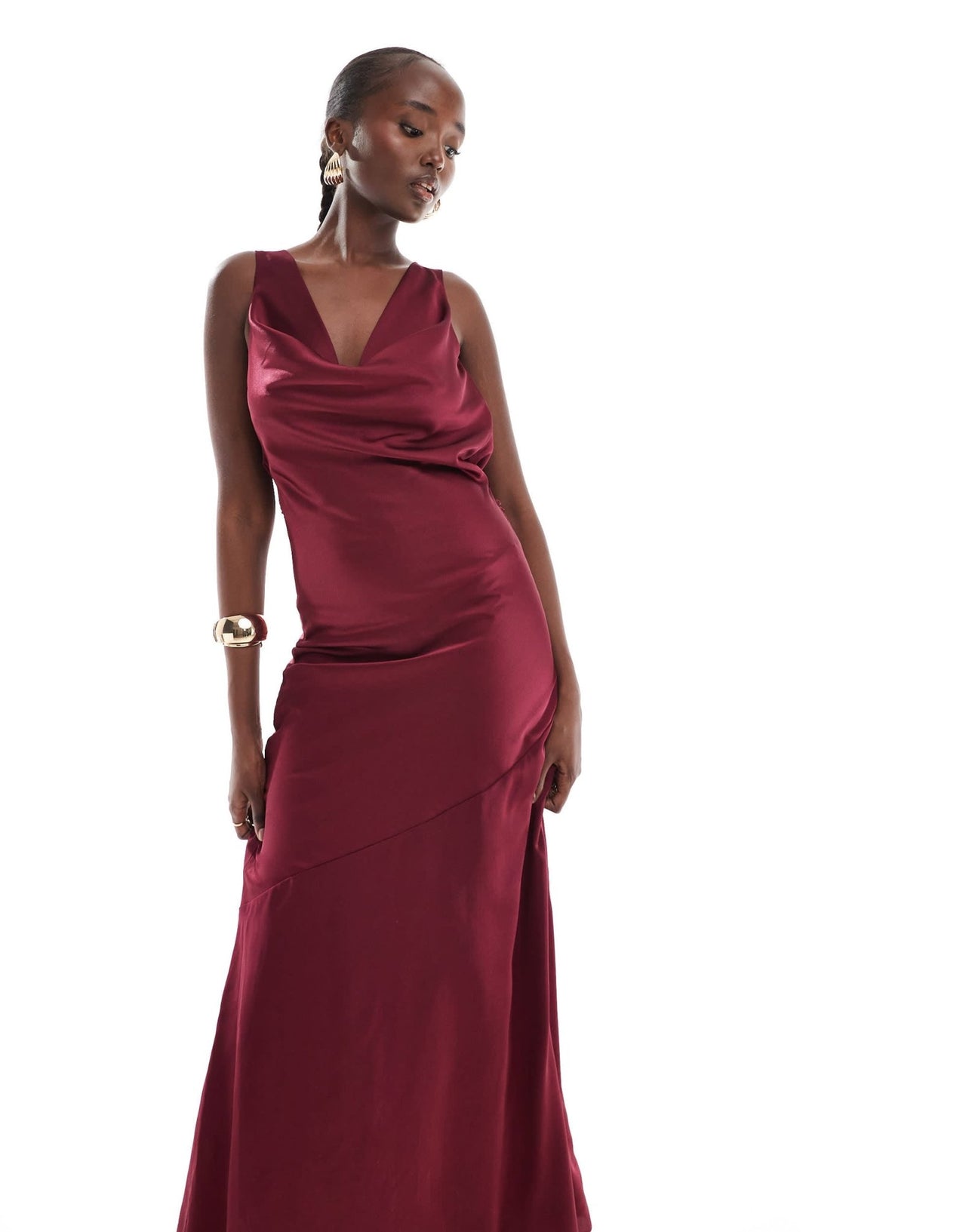 TFNC Tall satin cowl back maxi dress in berry - ASOS Sample Sale