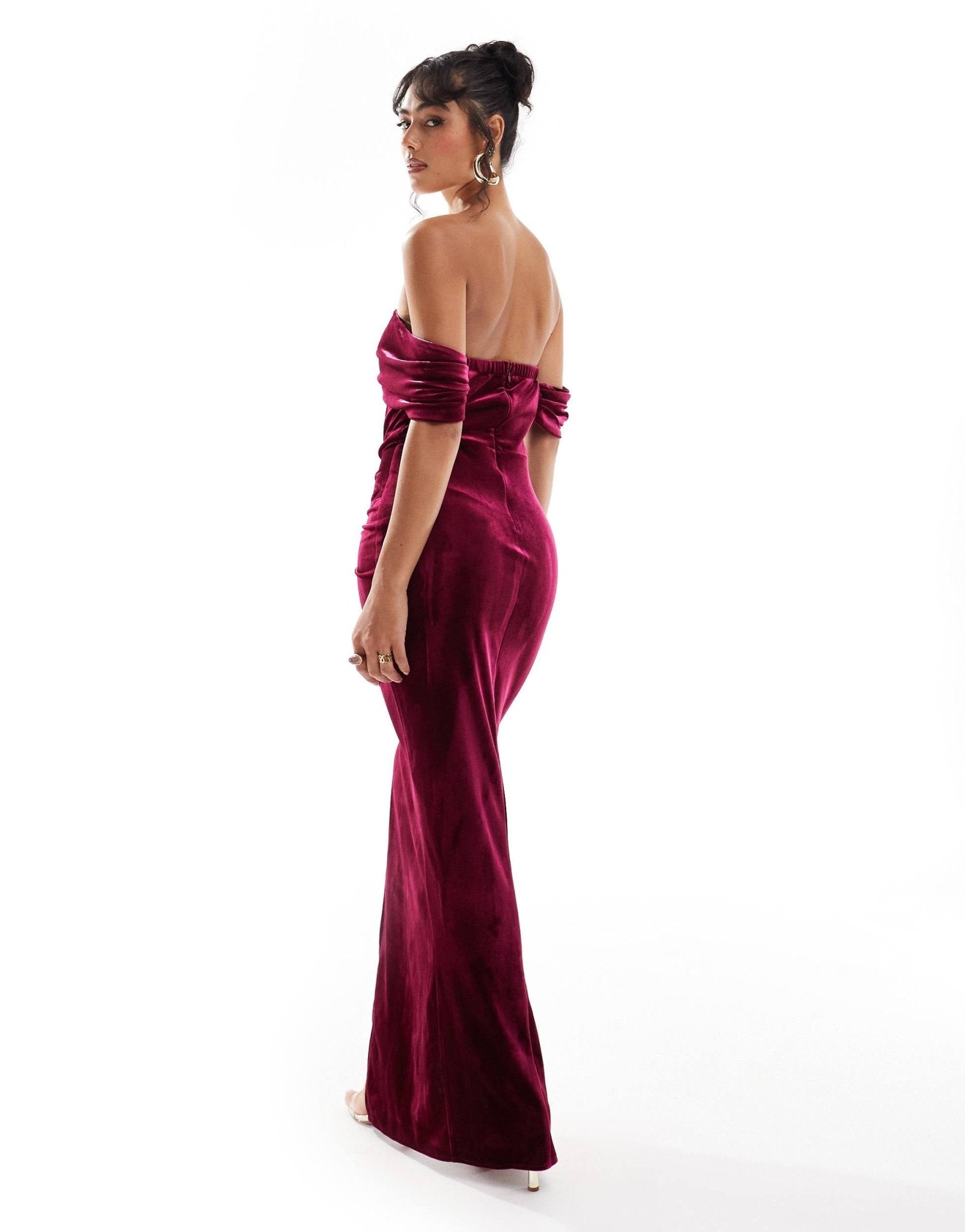 TFNC velvet off shoulder maxi dress in burgundy - ASOS Sample Sale