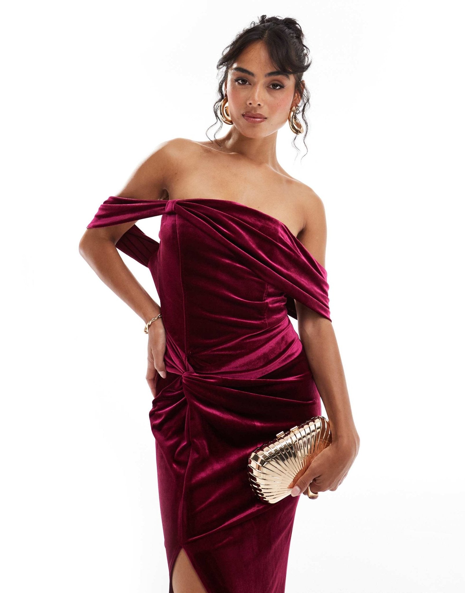 TFNC velvet off shoulder maxi dress in burgundy - ASOS Sample Sale