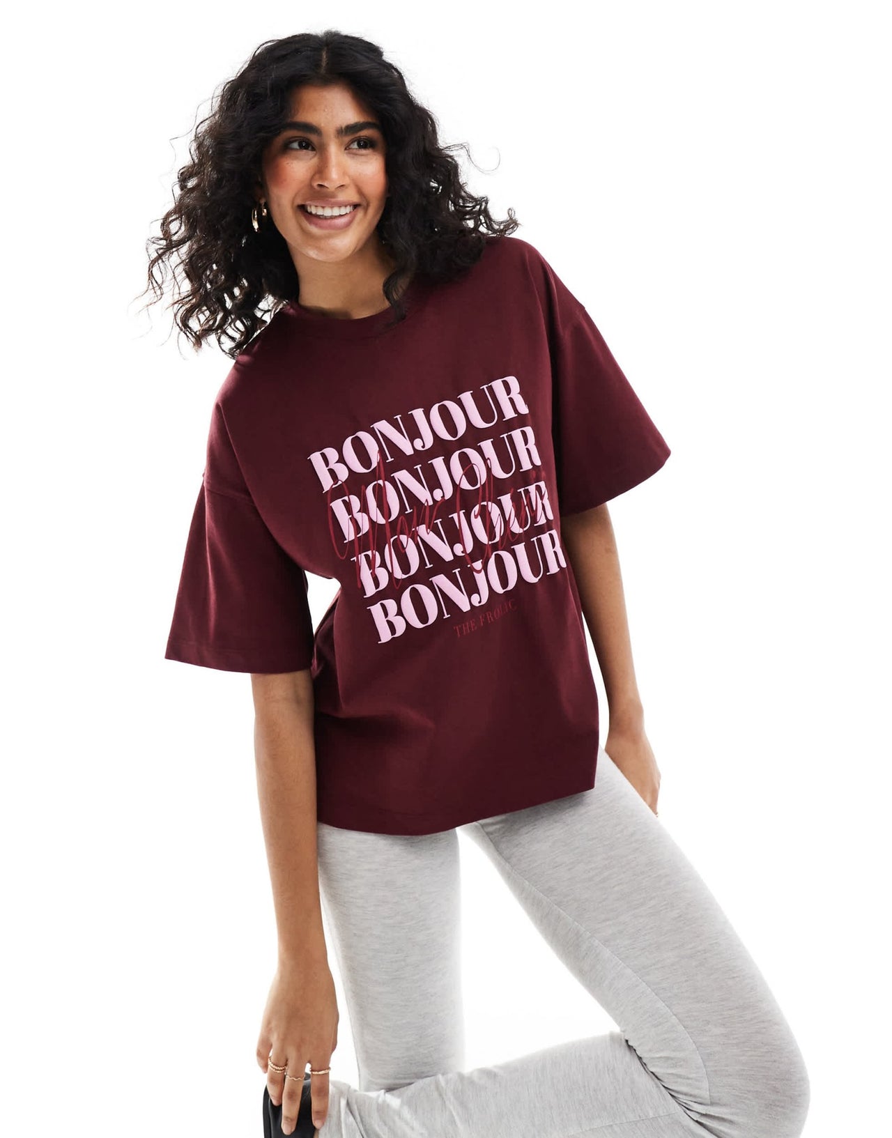 The Frolic exclusive bonjour logo oversized t-shirt in burgundy - ASOS Sample Sale