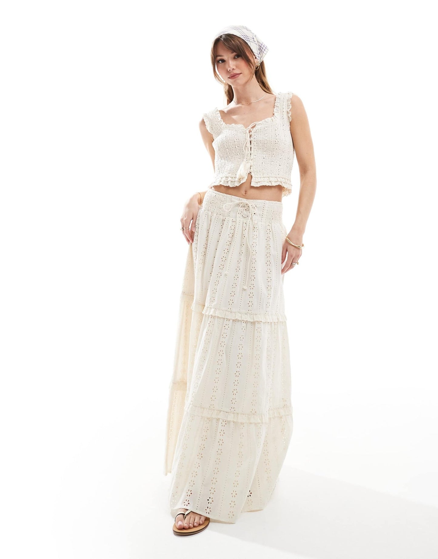 The Frolic exclusive broderie shirred tie tassel detail crop top co - ord in cream - ASOS Sample Sale