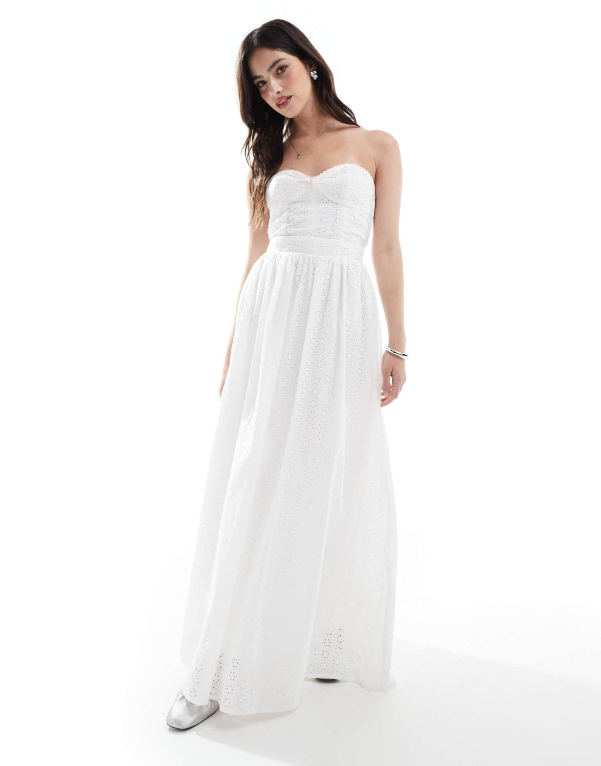 The Frolic exclusive broderie sweetheart bandeau tie back bow detail maxi dress in white - ASOS Sample Sale