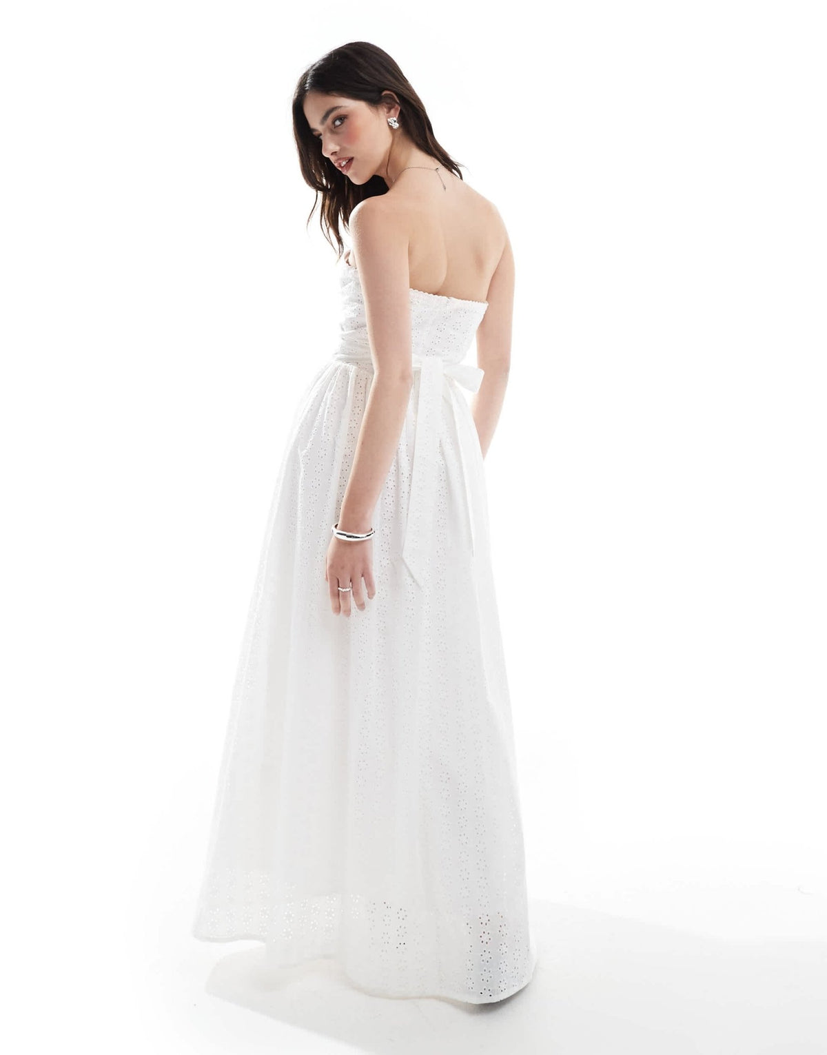 The Frolic exclusive broderie sweetheart bandeau tie back bow detail maxi dress in white - ASOS Sample Sale