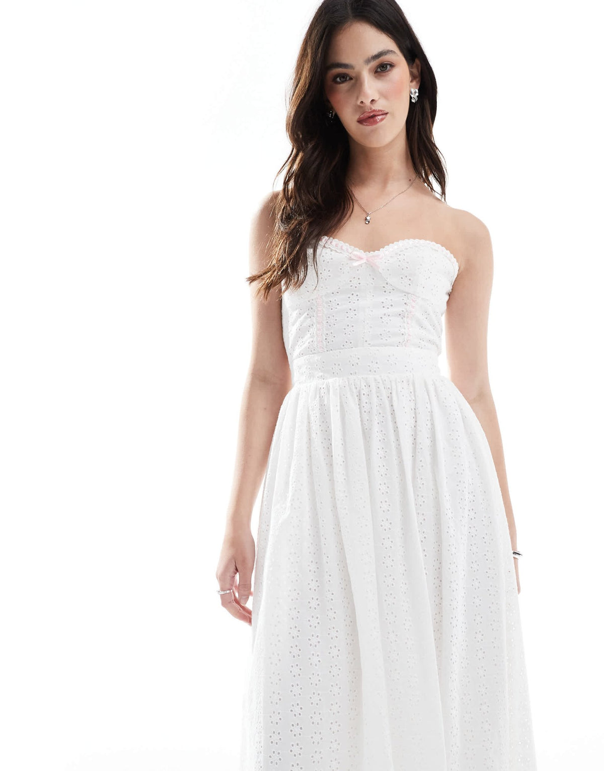 The Frolic exclusive broderie sweetheart bandeau tie back bow detail maxi dress in white - ASOS Sample Sale